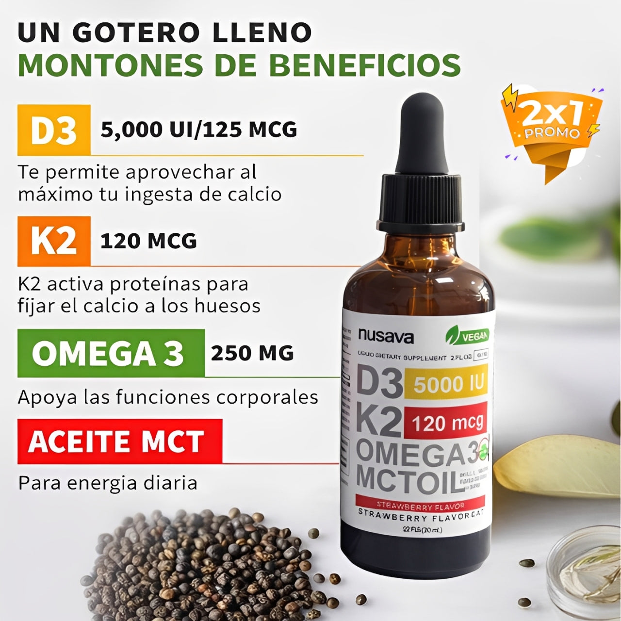 Vitamina D3 + K2 con Omega 3 + Aceite MCT OIL