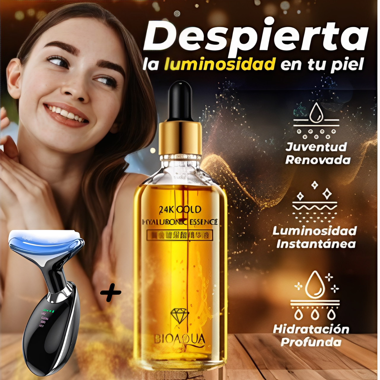 Pack Rejuvenecedor  Masajeador con Luz LED Reductor de Arrugas y Papada + Suero Facial de 24K