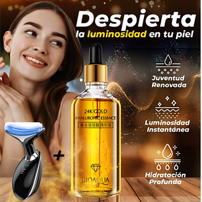Pack Rejuvenecedor  Masajeador con Luz LED Reductor de Arrugas y Papada + Suero Facial de 24K