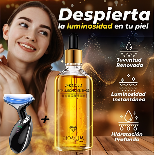 Pack Rejuvenecedor  Masajeador con Luz LED Reductor de Arrugas y Papada + Suero Facial de 24K