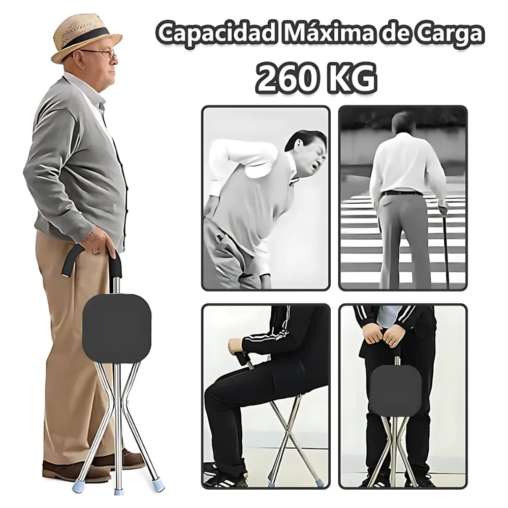 BASTÓN SILLA PLEGABLE 2 EN 1 – Soporte y descanso en un solo paso