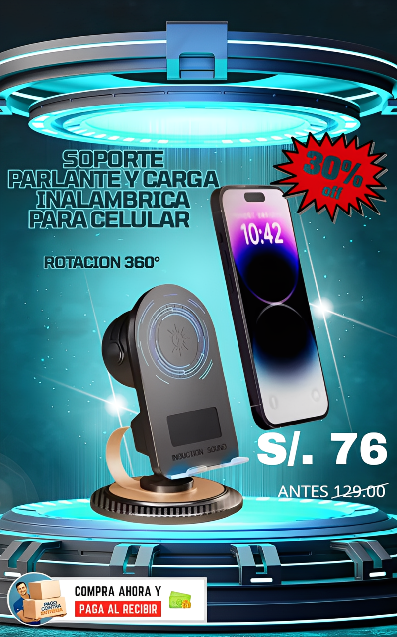 Soporte con Amplificador de sonido y Carga Inalámbrica