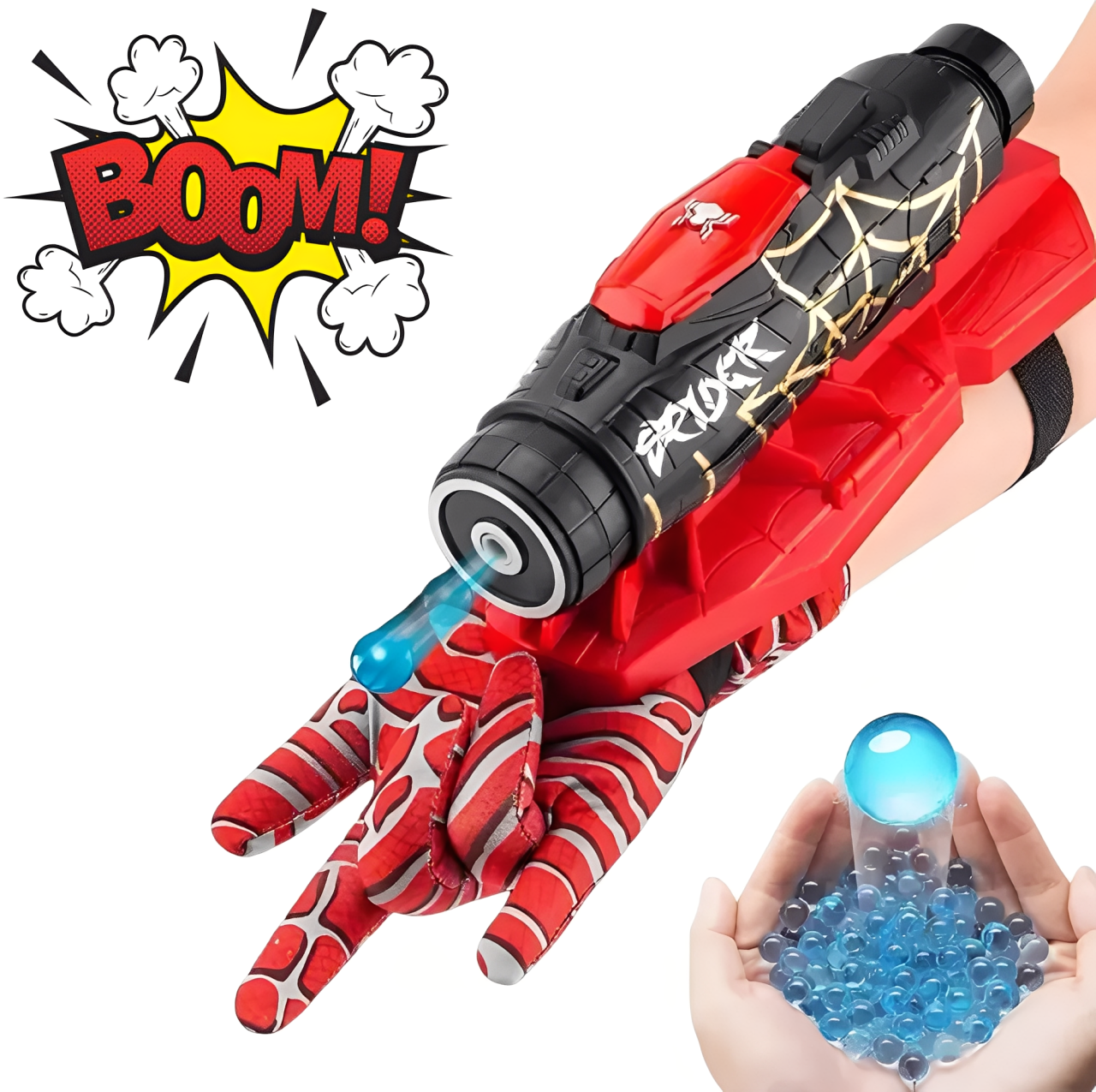 BRAZO SPIDER MAN LANZADOR DE BOLITAS HIDROGEL + GUANTE + BATERÍA