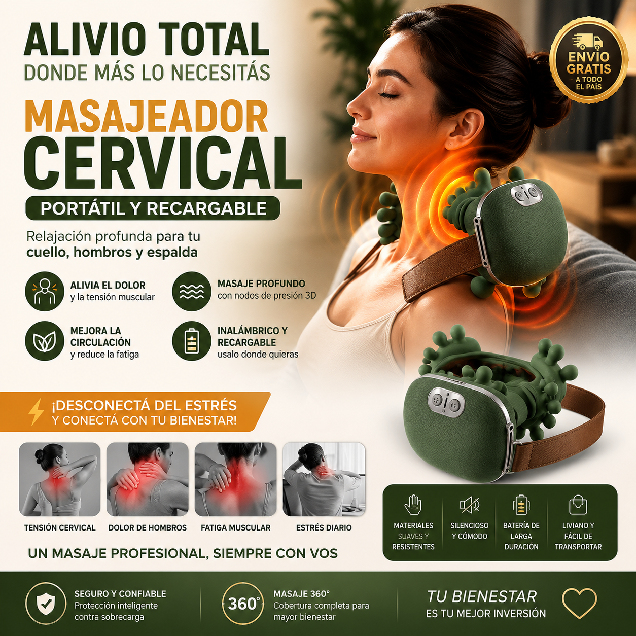 Masajeador Manito - 3 Modos,  Recargable Cervical Lumbar