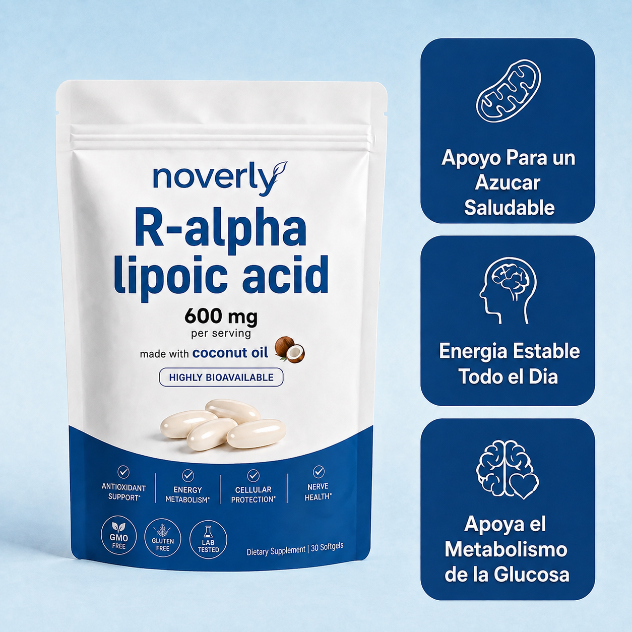 Ácido R-alfa lipoico — Cápsulas blandas de 600 mg en forma R pura