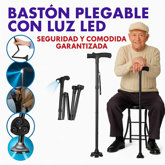 Bastón Multifuncional: Plegable, Suela Antideslizante + Linterna Integrada