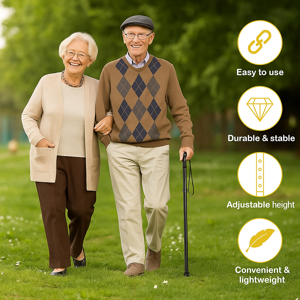 Bastón Multifuncional: Plegable, Suela Antideslizante + Linterna Integrada