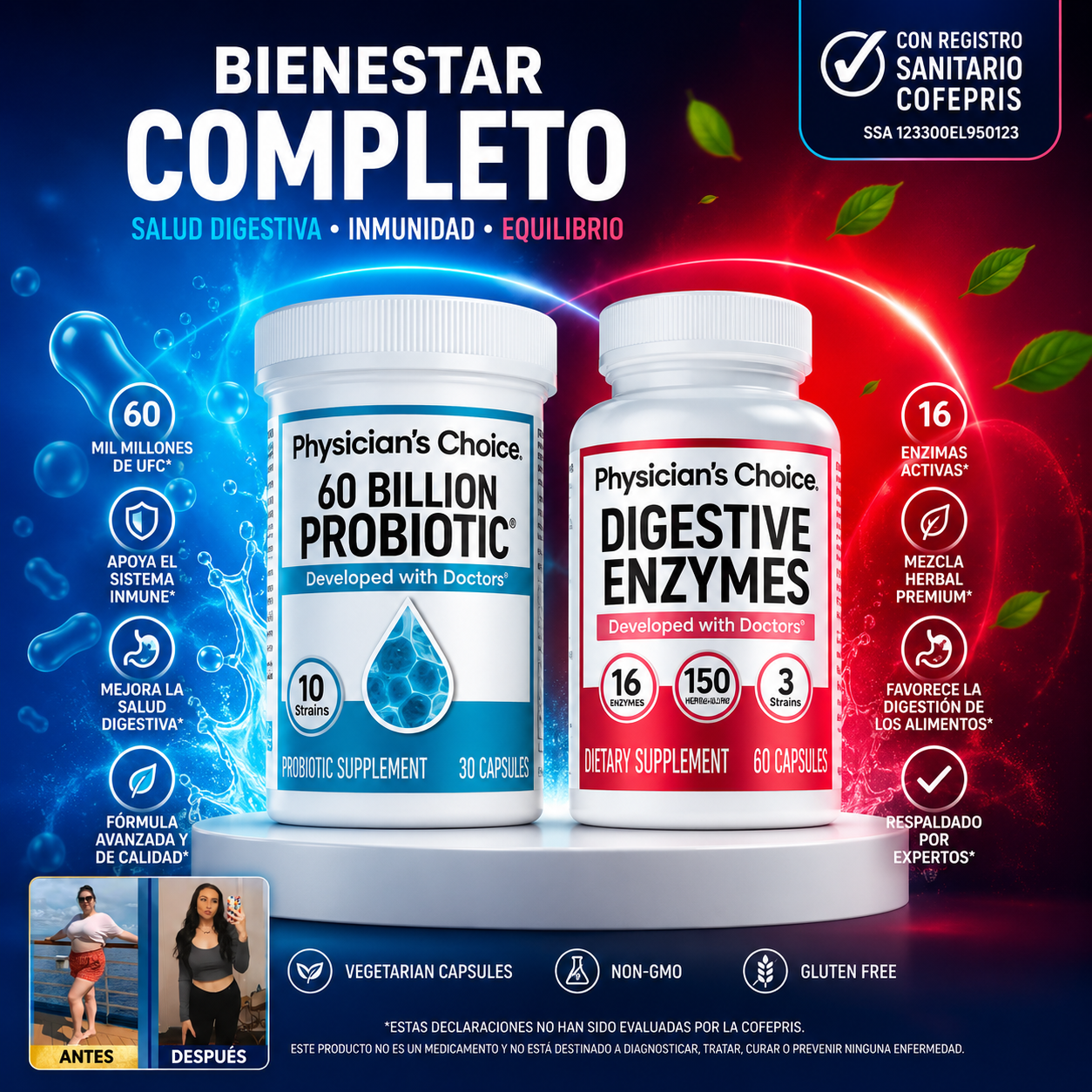Pack Digestivo 60 BILLION PROBIOTIC + DIGESTIVE ENZYMES PHYSICIAN'S CHOICE