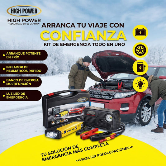 Kit de Emergencia HIGH POWER: Arrancador + compresor + power bank