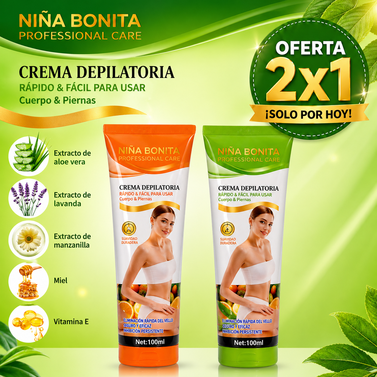 oferta 2x1 Crema depilatoria corporal sin dolor para hombres y mujeres- Agradable para la piel de todas las zonas🌿