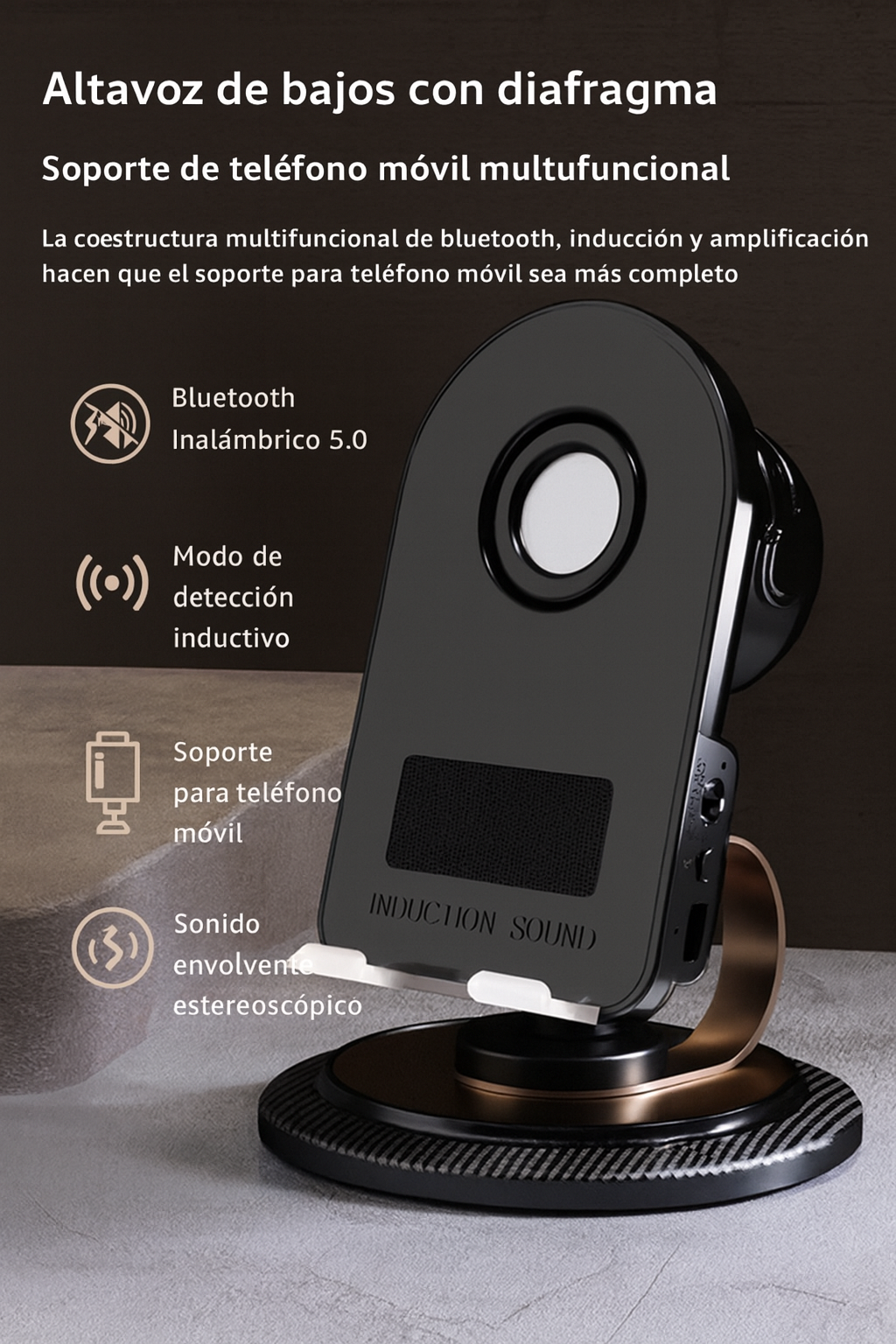 Soporte con Amplificador de sonido y Carga Inalámbrica