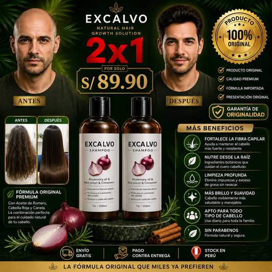 champú EXCALVO con aceite de romero, cebolla roja y canela - oferta 2x1