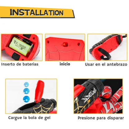 BRAZO SPIDER MAN LANZADOR DE BOLITAS HIDROGEL + GUANTE + BATERÍA
